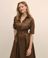 Cotton Sateen Fit-And-Flare Belted Shirt Dress