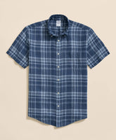Irish Linen Polo Button Down Collar Plaid Short-Sleeve Shirt