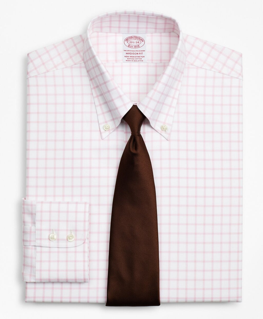 Stretch Madison Classic-Fit Dress Shirt, Non-Iron Twill Button-Down Collar Grid Check