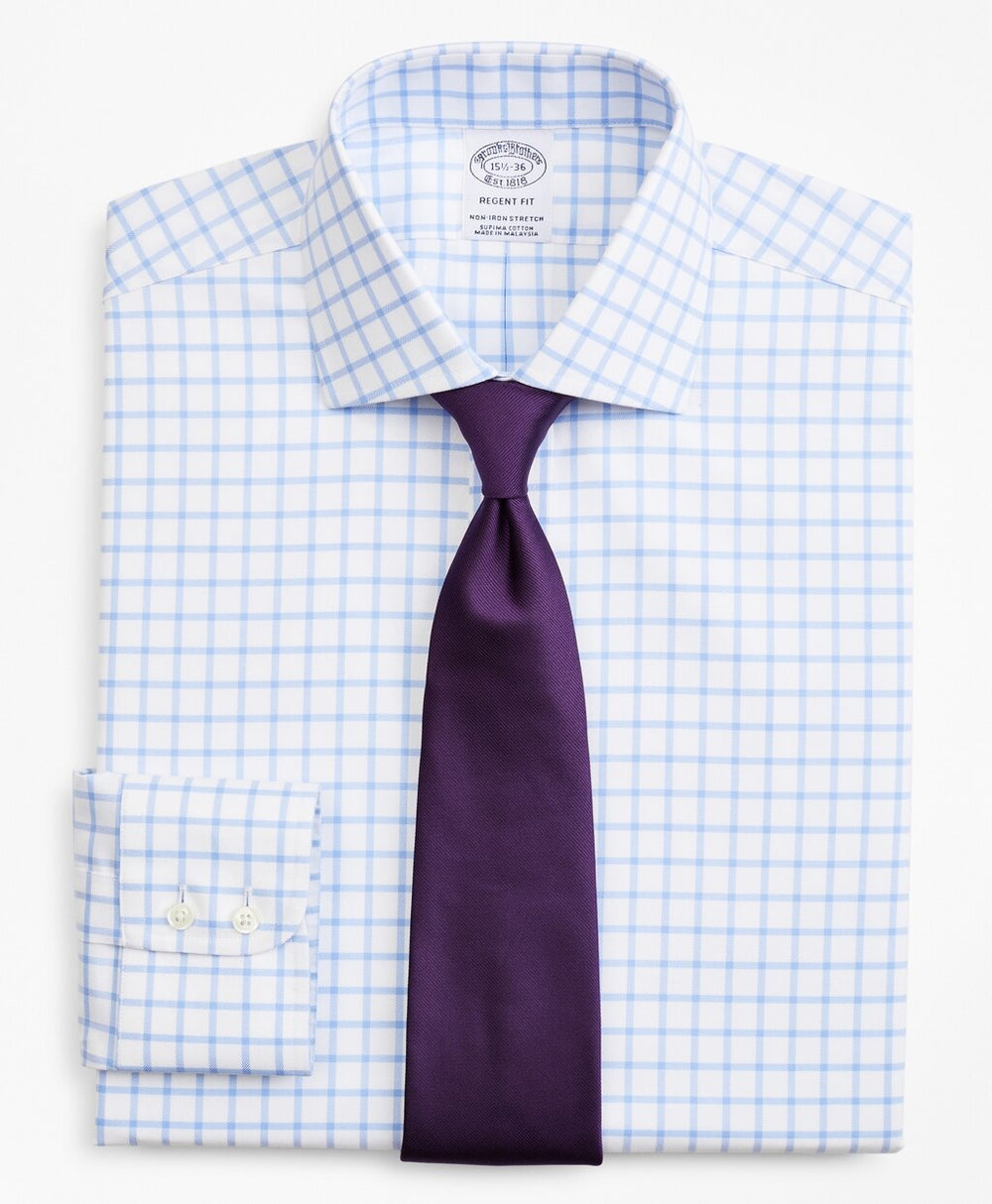 Stretch Regent Fitted Dress Shirt, Non-Iron Twill English Collar Grid Check