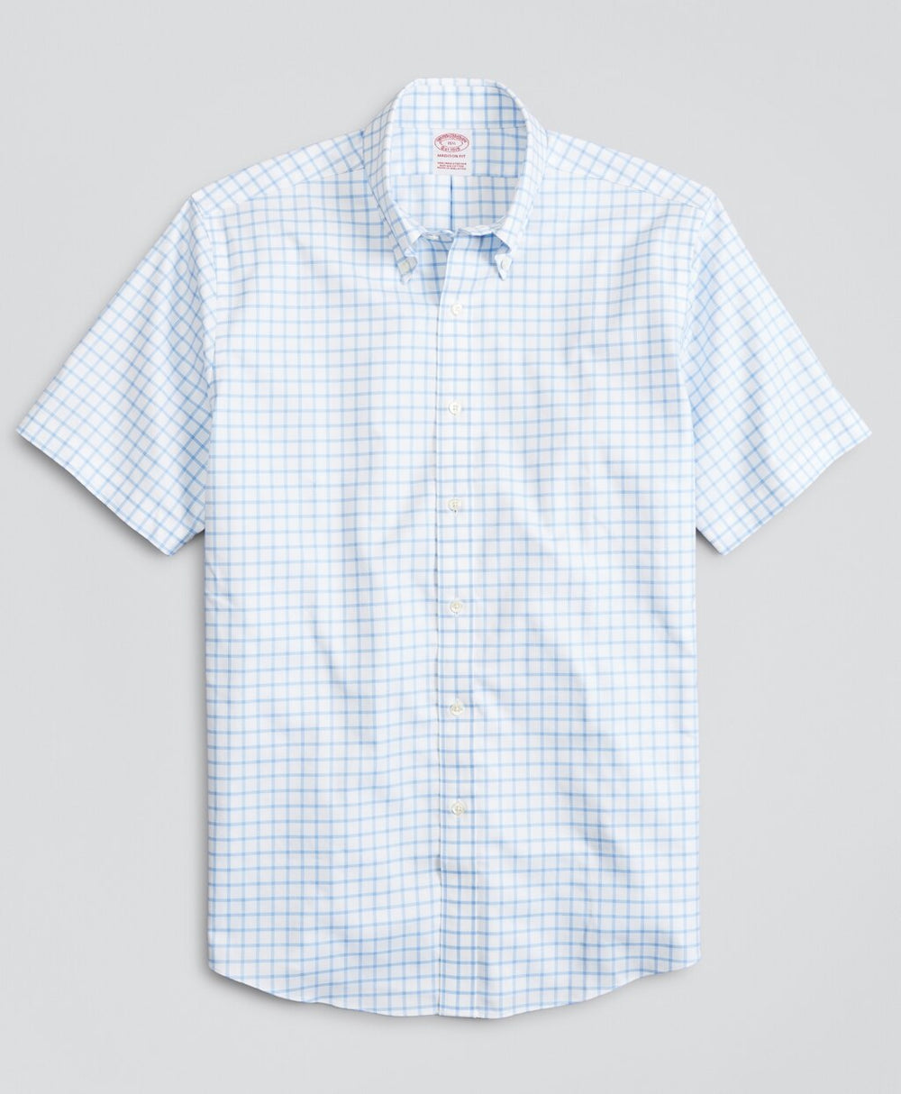 Stretch Madison Classic-Fit Dress Shirt, Non-Iron Twill Short-Sleeve Grid Check