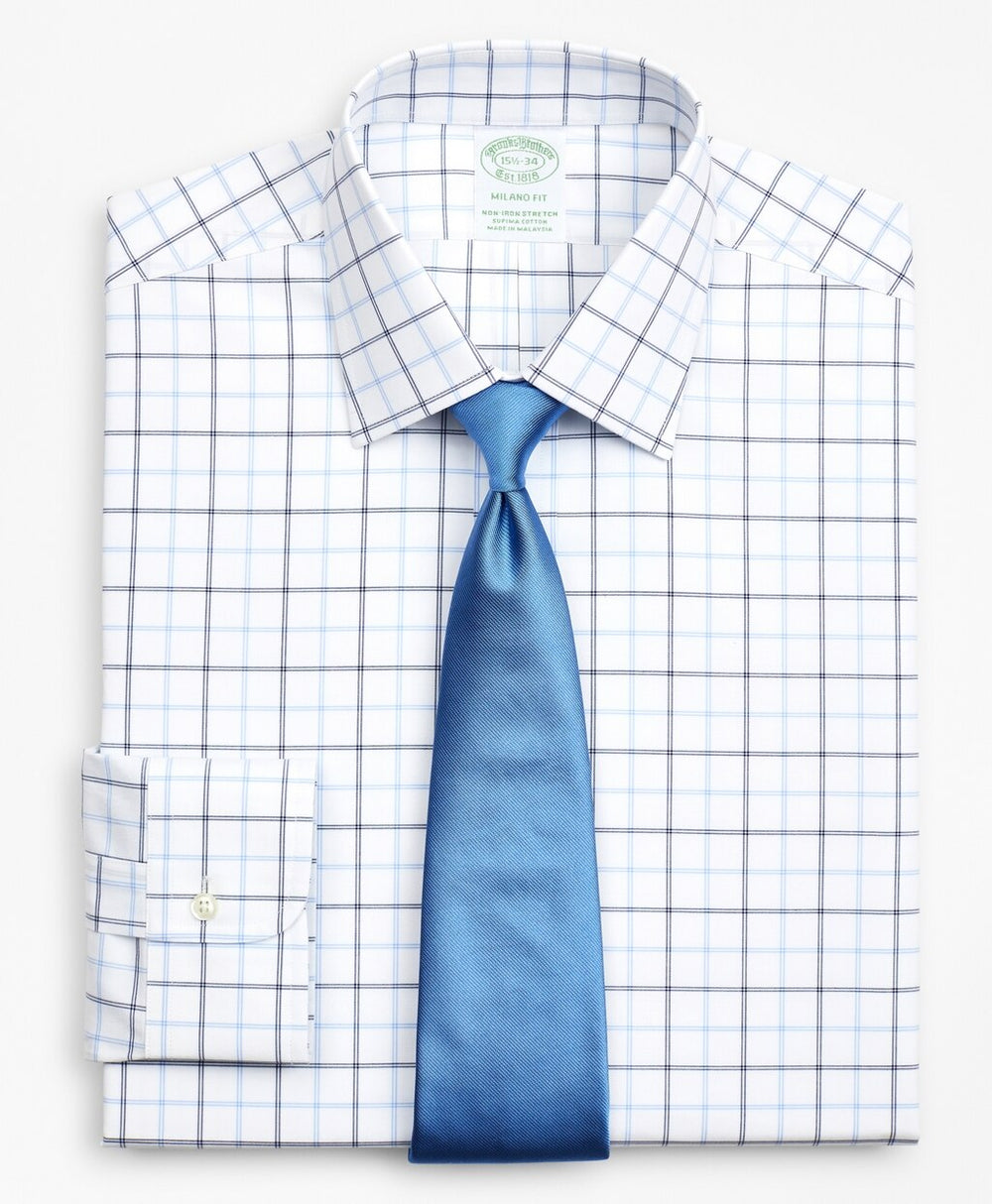 Stretch Milano Slim-Fit Dress Shirt, Non-Iron Poplin Ainsley Collar Double-Grid Check