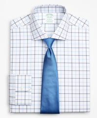 Stretch Milano Slim-Fit Dress Shirt, Non-Iron Poplin English Collar Double-Grid Check