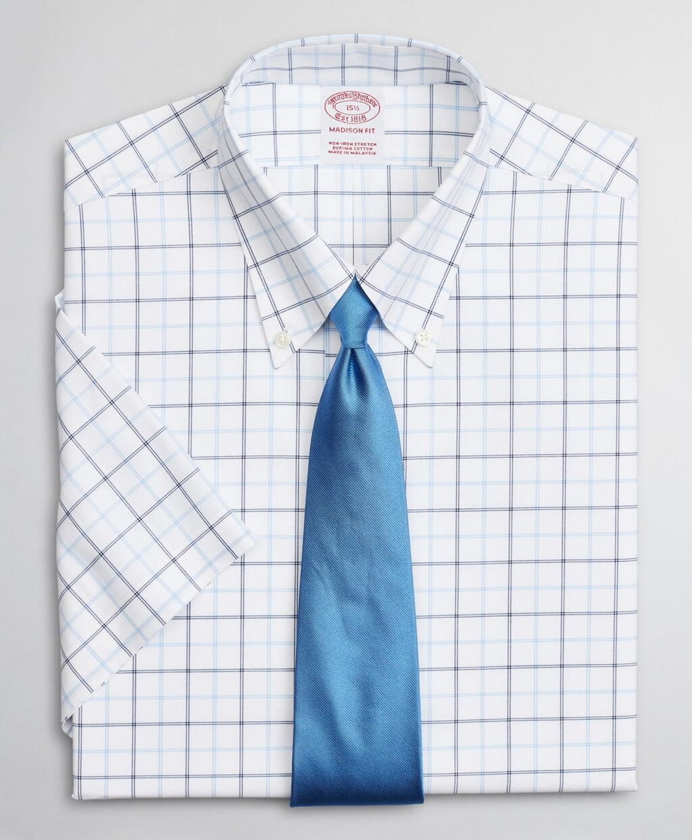 Stretch Madison Classic-Fit Dress Shirt, Non-Iron Twill Short-Sleeve Double-Grid Checkk