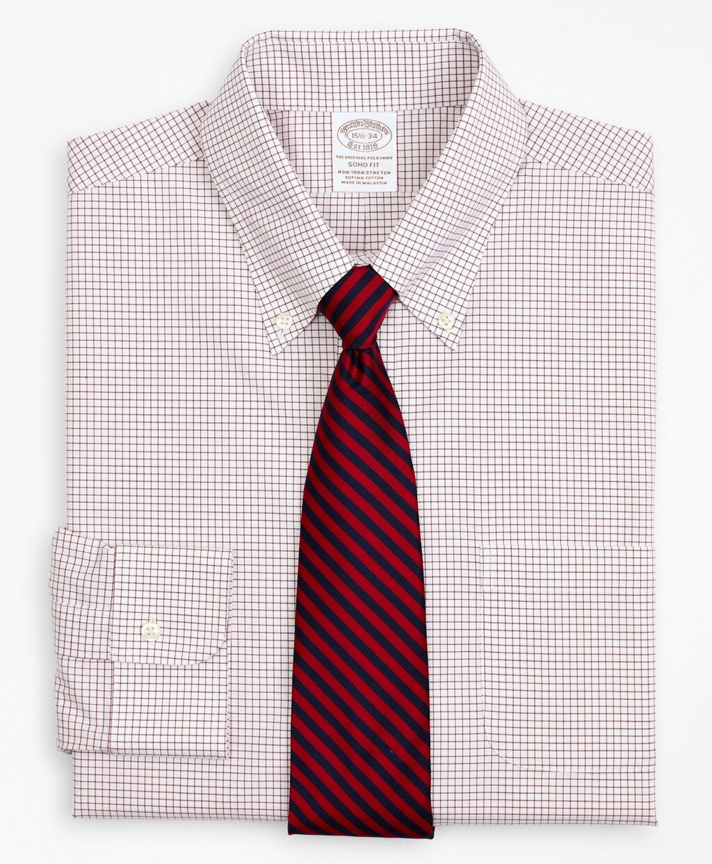Stretch Soho Extra-Slim-Fit Dress Shirt, Non-Iron Poplin Button-Down Collar Small Grid Check