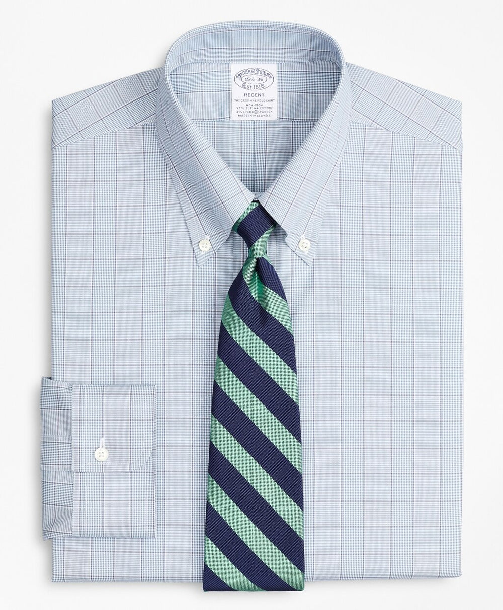 Stretch Regent Fitted Dress Shirt, Non-Iron Pinpoint Button-Down Collar Glen Plaid