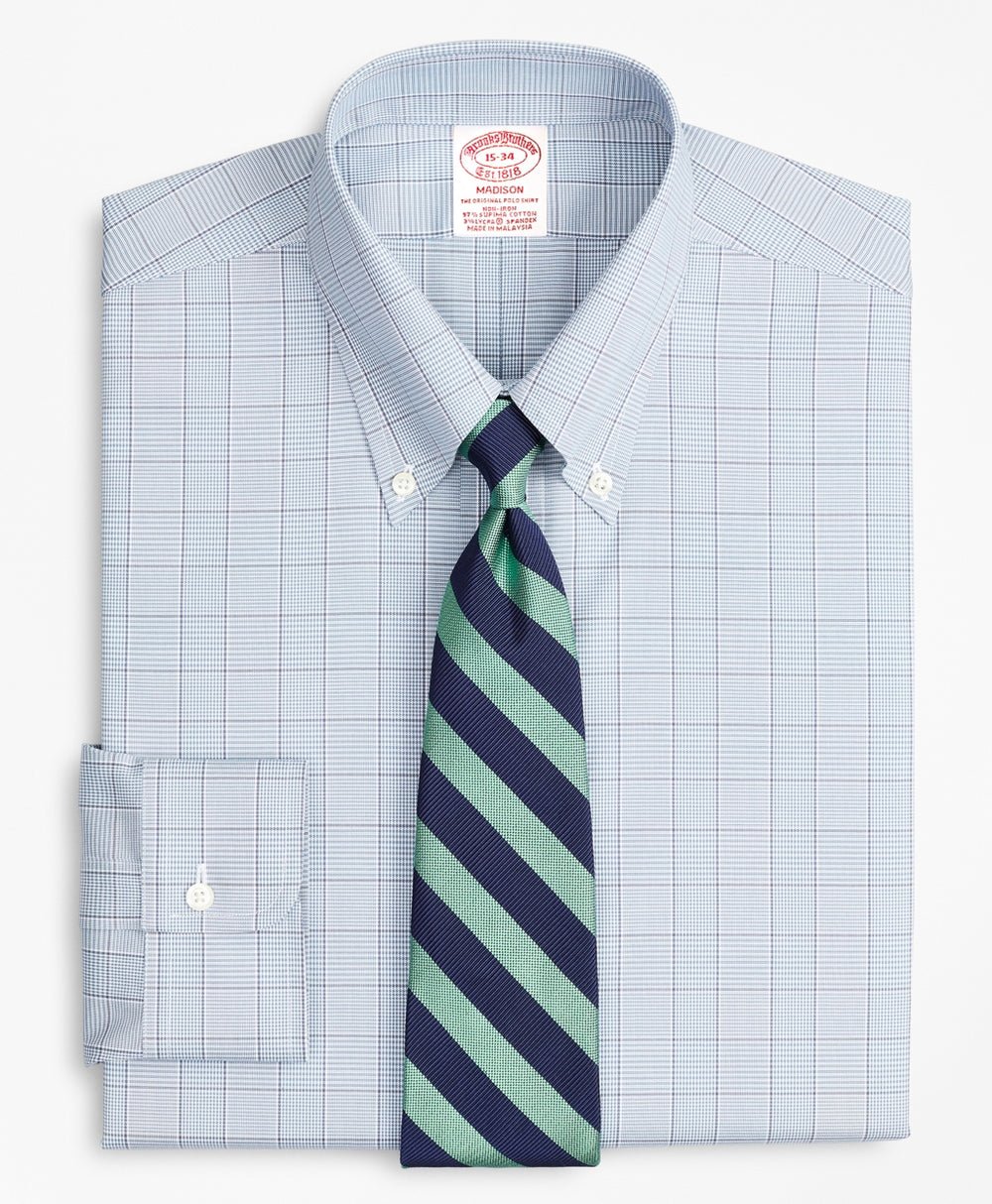 Stretch Madison Classic-Fit Dress Shirt, Non-Iron Pinpoint Button-Down Collar Glen Plaid