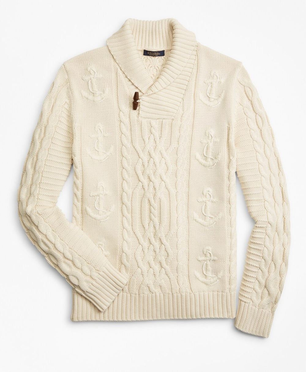 Supima® Cotton Anchor Cable Shawl Collar Sweater