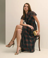 Chiffon Plaid Flutter-Sleeve Maxi Dress