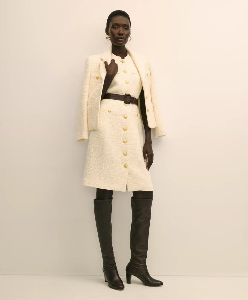 Boucle Sleeveless Button-Front Sheath Dress