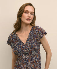 Paisley Shimmer Ruffle-Front Chevron-Stripe Dress