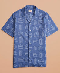 Surfboard-Print Linen-Cotton Camp Collar Short-Sleeve Shirt