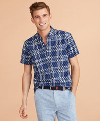 Seahorse-Print Madras Popover Shirt Short-Sleeve