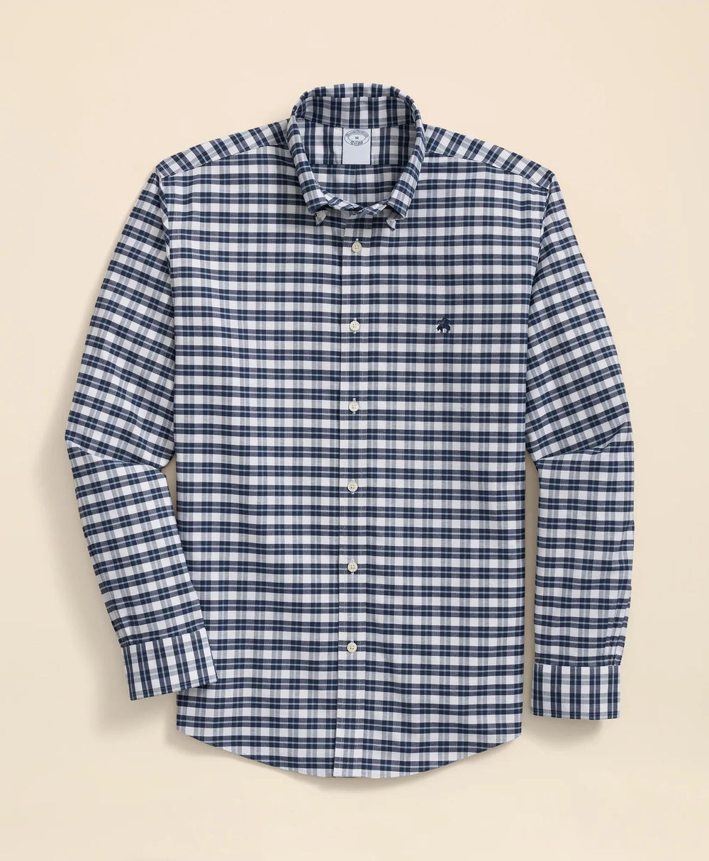 Stretch Cotton Non-Iron Oxford Polo Button Down Collar Checked Shirt