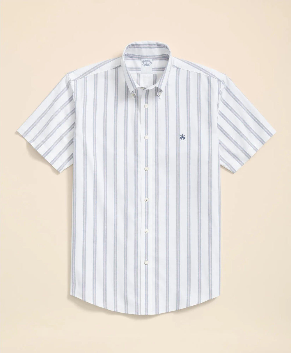 Striped Short-Sleeve Shirt Stretch Cotton Non-Iron Oxford Polo Button Down Collar