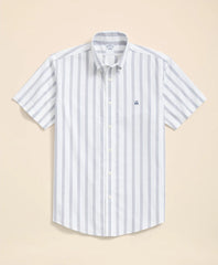 Striped Short-Sleeve Shirt Stretch Cotton Non-Iron Oxford Polo Button Down Collar