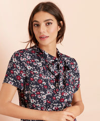 Floral-Print Crepe Tie-Neck Blouse