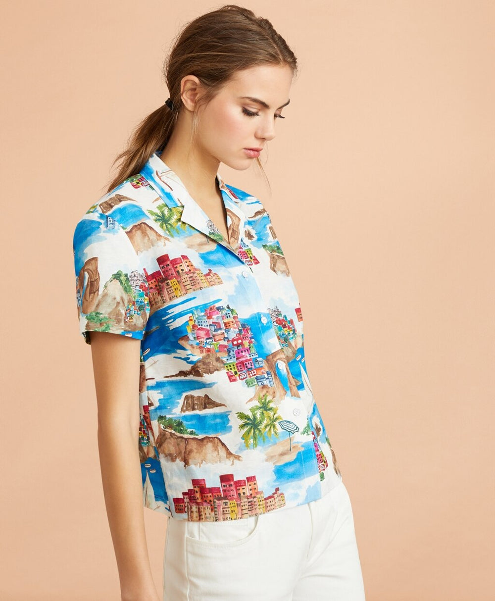 Costal-Print Linen-Cotton Camp Shirt