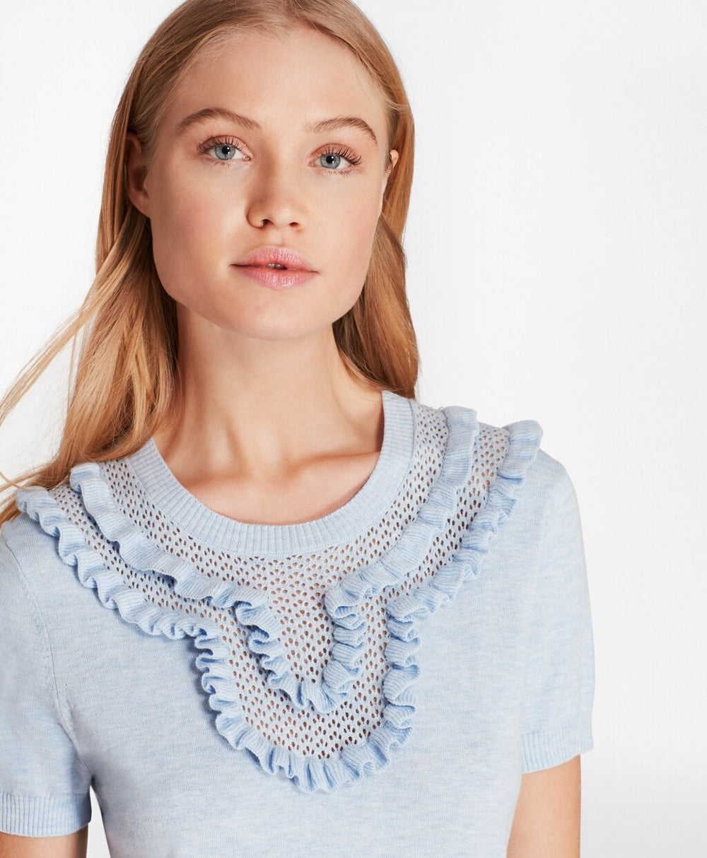 Ruffled Pointelle-Yoke Sweater