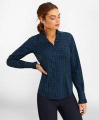 Non-Iron Black Watch Tartan Supima® Cotton-Blend Ruffle-Collar Blouse