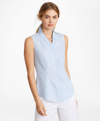 Non-Iron Striped Supima® Cotton Ruffle-Collar Sleeveless Blouse