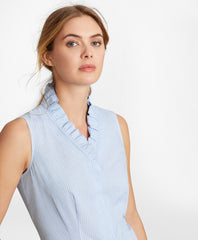Non-Iron Striped Supima® Cotton Ruffle-Collar Sleeveless Blouse