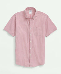 Washed Cotton Seersucker Button-Down Collar Stripe Short-Sleeve Sport Shirt