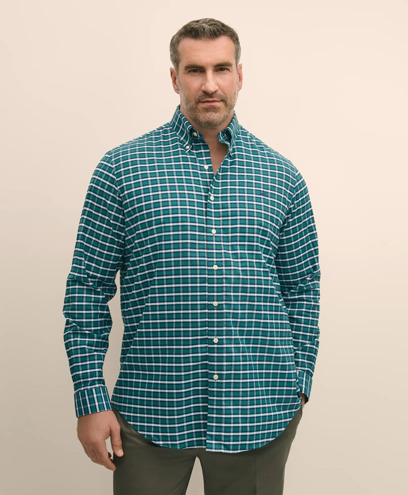 Big & Tall Stretch Cotton Non-Iron Oxford Polo Button Down Collar Plaid Shirt
