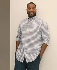 Big & Tall Stretch Cotton Non-Iron Oxford Polo Button Down Collar Windowpane Shirt