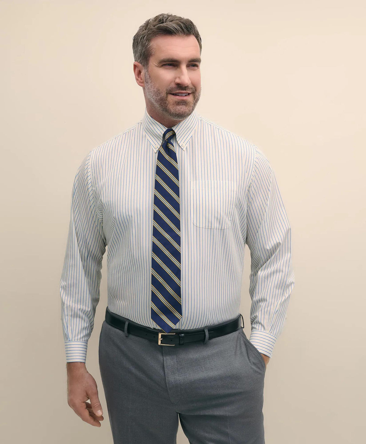 Big & Tall Stretch Cotton Non-Iron Pinpoint Polo Button Down Collar Track Stripe Dress Shirt