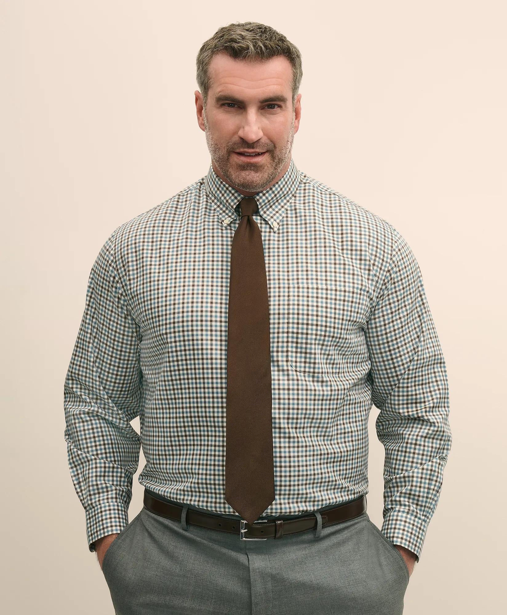 Big & Tall Stretch Supima® Cotton Non-Iron Twill Polo Button Down Check Sport Shirt