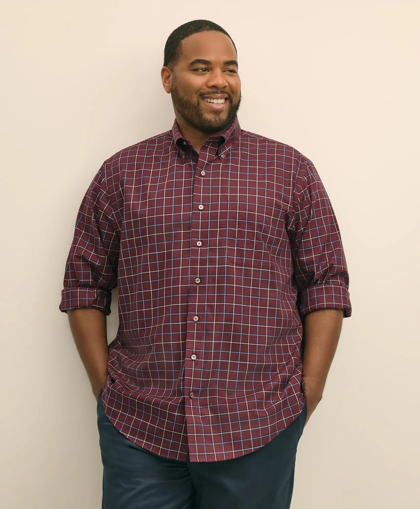 Windowpane Sport Shirt Big & Tall Stretch Supima® Cotton Non-Iron Twill Polo Button Down
