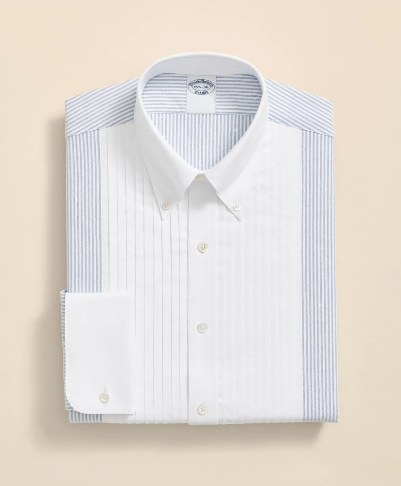 10-Pleat Contrast-Stripe Tuxedo Shirt Cotton Oxford Polo Button-Down Collar