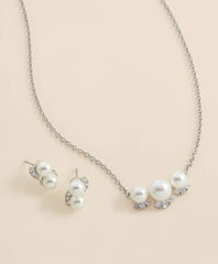 Faux Pearl Cubic-Zirconia Cluster Necklace and Earrings Set