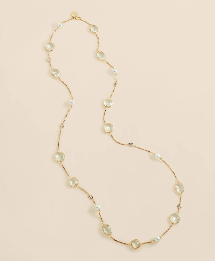 Faceted Glass and Cubic Zirconia Long Necklace Faux Pearl