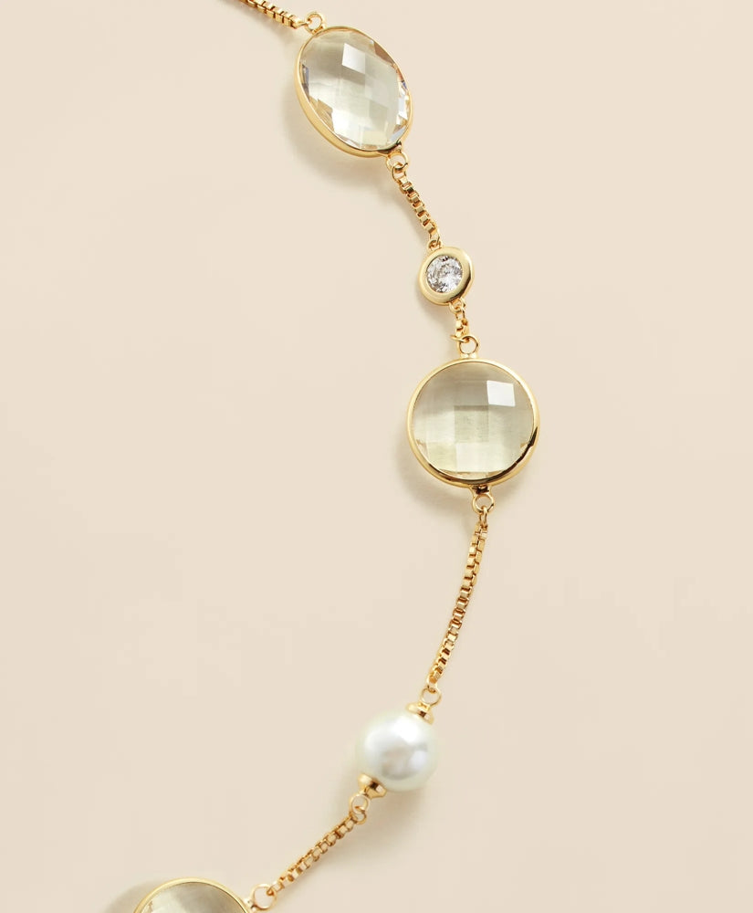 Faceted Glass and Cubic Zirconia Long Necklace Faux Pearl