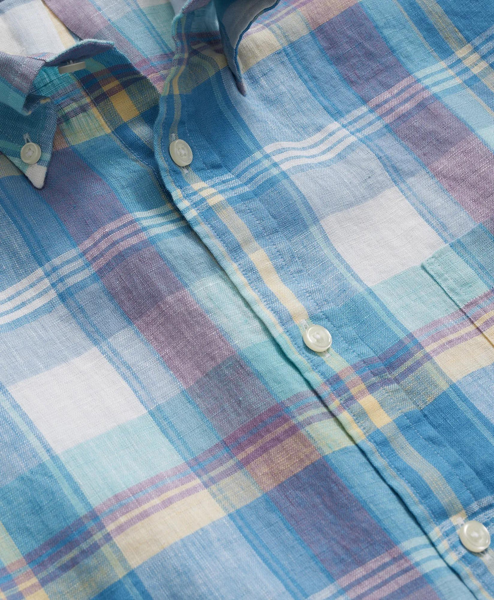 Checked Short-Sleeve Shirt Irish Linen Polo Button Down Collar