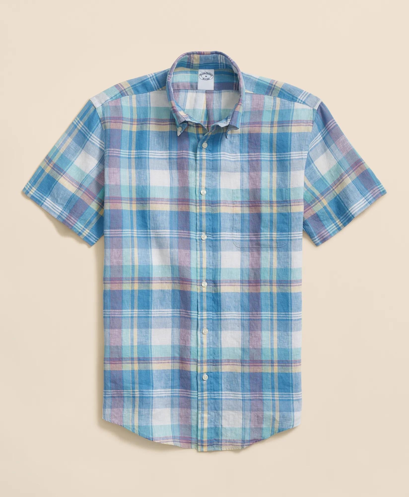 Checked Short-Sleeve Shirt Irish Linen Polo Button Down Collar