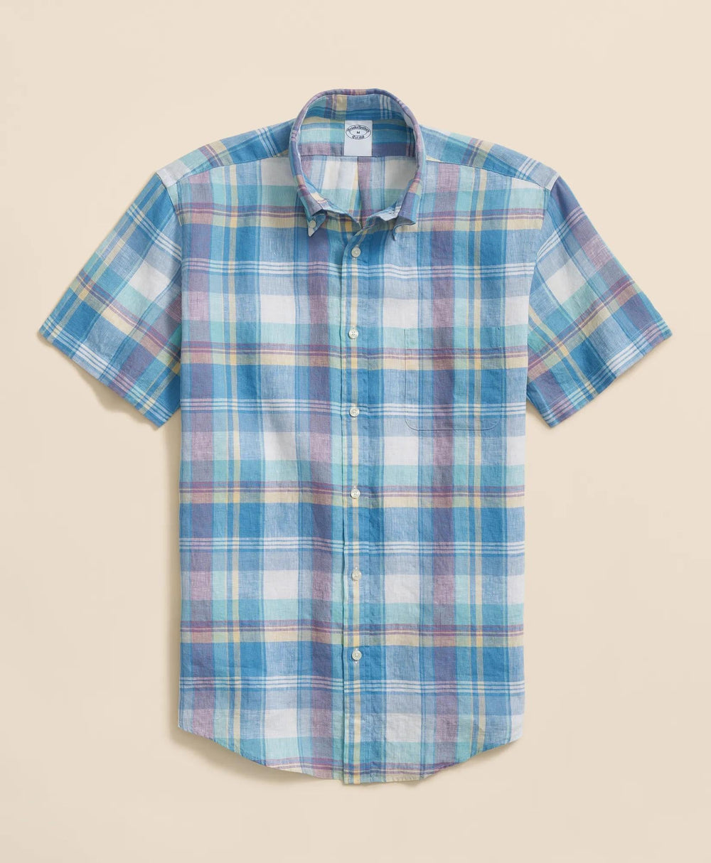 Checked Short-Sleeve Shirt Irish Linen Polo Button Down Collar