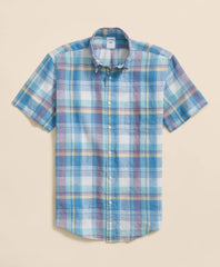Checked Short-Sleeve Shirt Irish Linen Polo Button Down Collar
