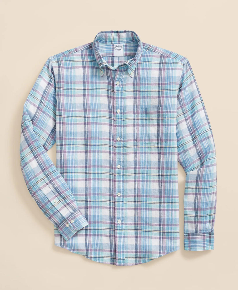 Plaid Shirt Irish Linen Polo Button Down Collar