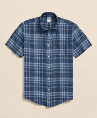 Irish Linen Polo Button Down Collar Plaid Short-Sleeve Shirt