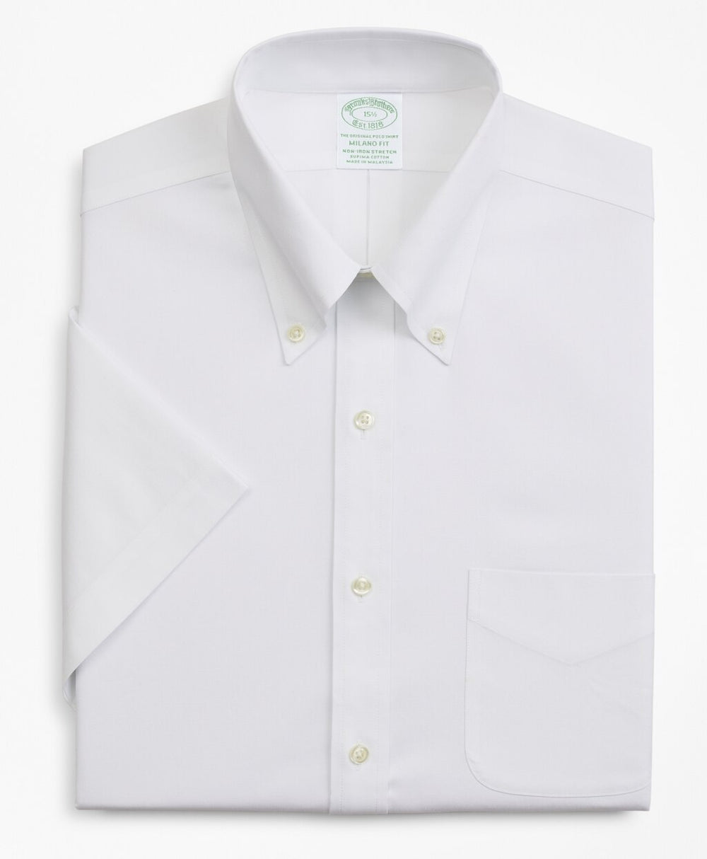 Stretch Milano Slim-Fit Dress Shirt, Non-Iron Pinpoint Short-Sleeve