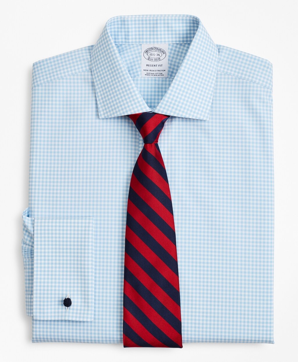 Stretch Regent Fitted Dress Shirt, Non-Iron Poplin English Collar French Cuff Gingham