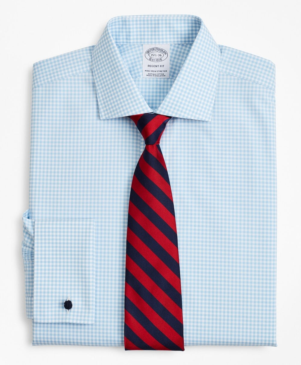 Stretch Regent Fitted Dress Shirt, Non-Iron Poplin English Collar French Cuff Gingham