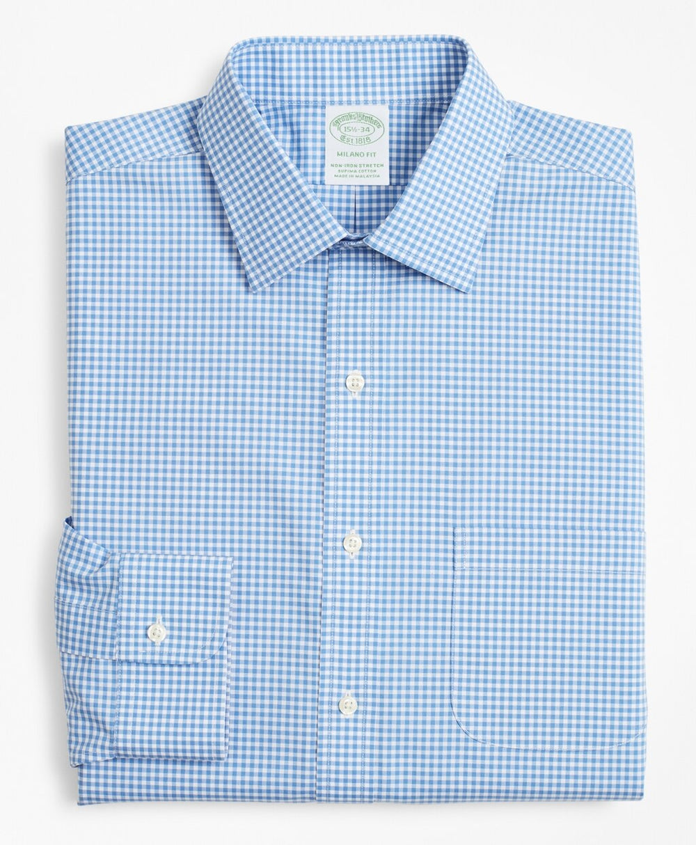 Stretch Milano Slim-Fit Dress Shirt, Non-Iron Poplin Ainsley Collar Gingham
