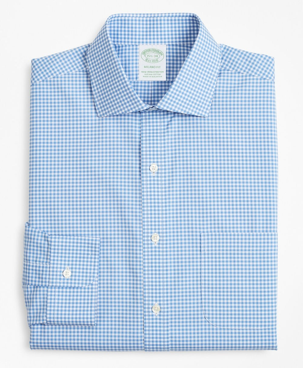 Stretch Milano Slim-Fit Dress Shirt, Non-Iron Poplin English Collar Gingham