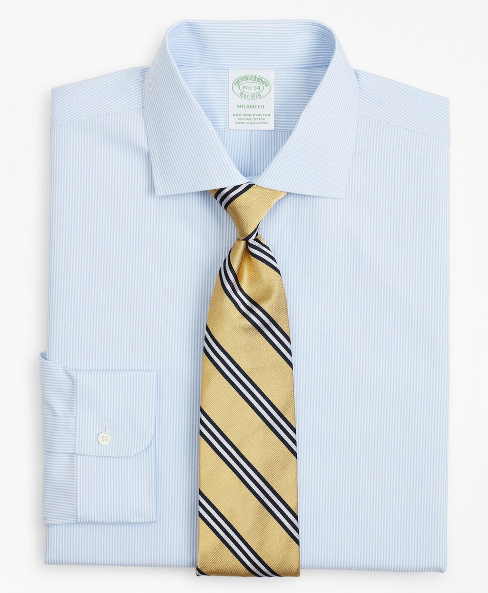 Stretch Milano Slim-Fit Dress Shirt, Non-Iron Poplin English Collar Fine Stripe