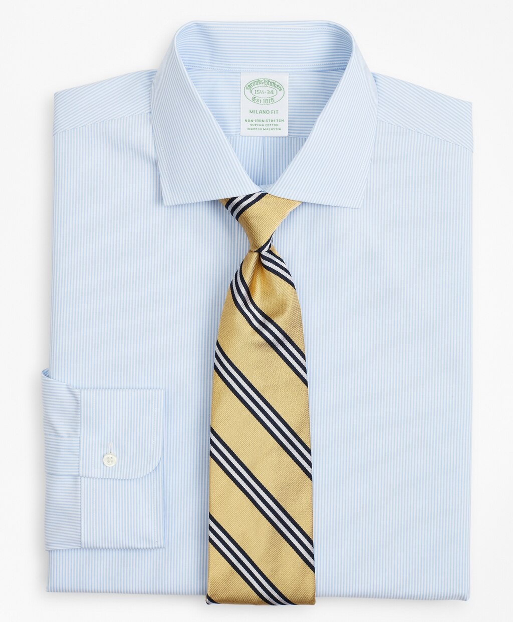 Stretch Milano Slim-Fit Dress Shirt, Non-Iron Poplin English Collar Fine Stripe