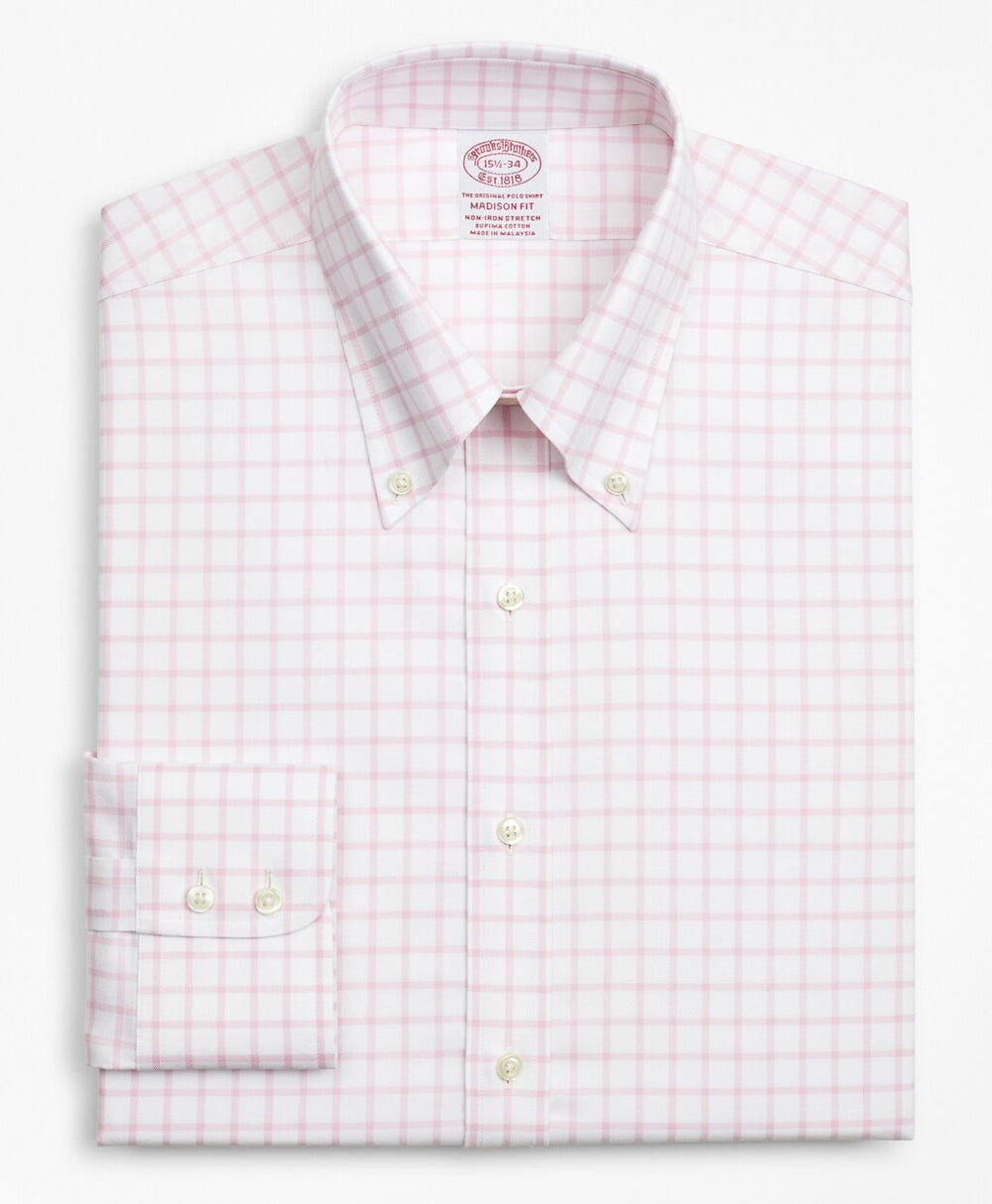 Stretch Madison Classic-Fit Dress Shirt, Non-Iron Twill Button-Down Collar Grid Check
